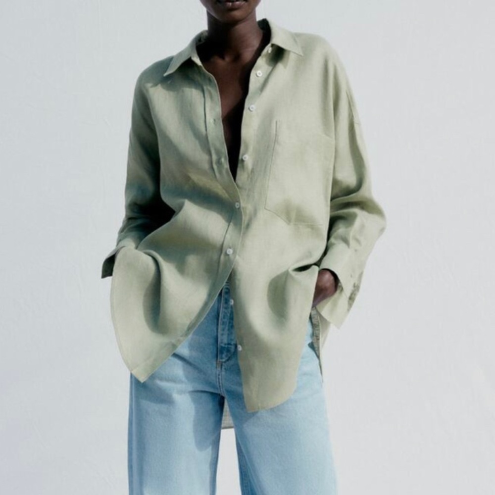 Oversized ZARA Linen Green Button-Down with Pockets